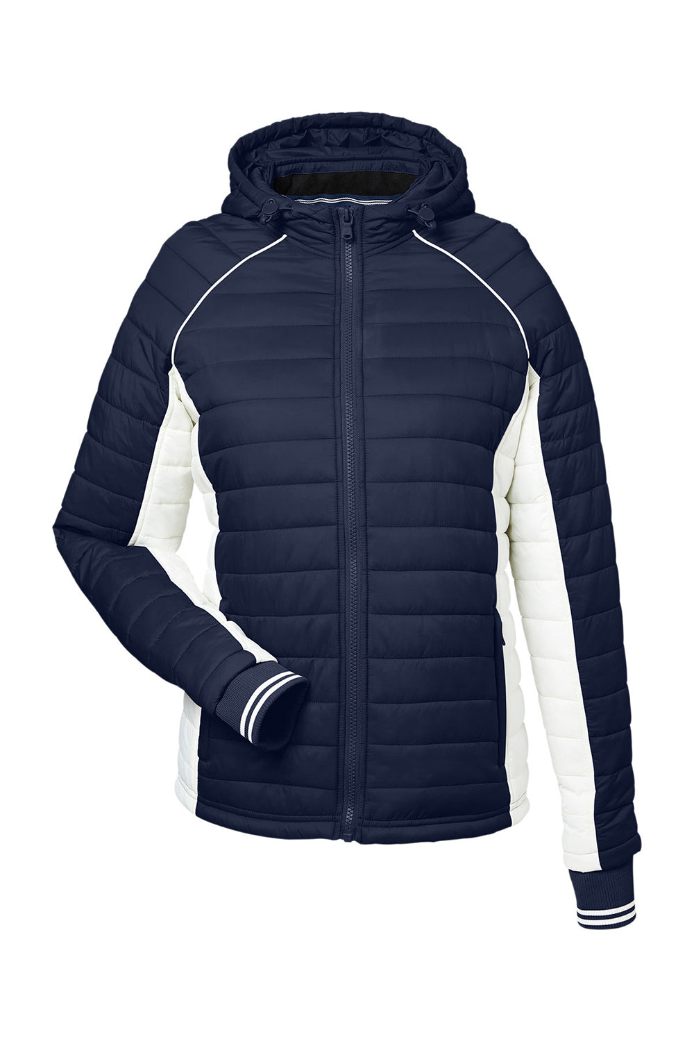 Nautica N17187 Womens Nautical Mile Wind & Water Resistant Packable Full Zip Hooded Puffer Jacket Night Navy Blue/Antique White Flat Front