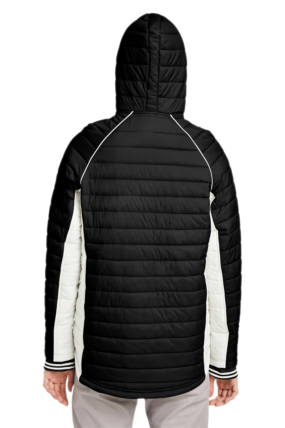 Nautica N17187 Womens Nautical Mile Wind & Water Resistant Packable Full Zip Hooded Puffer Jacket Black/Antique White Model Back