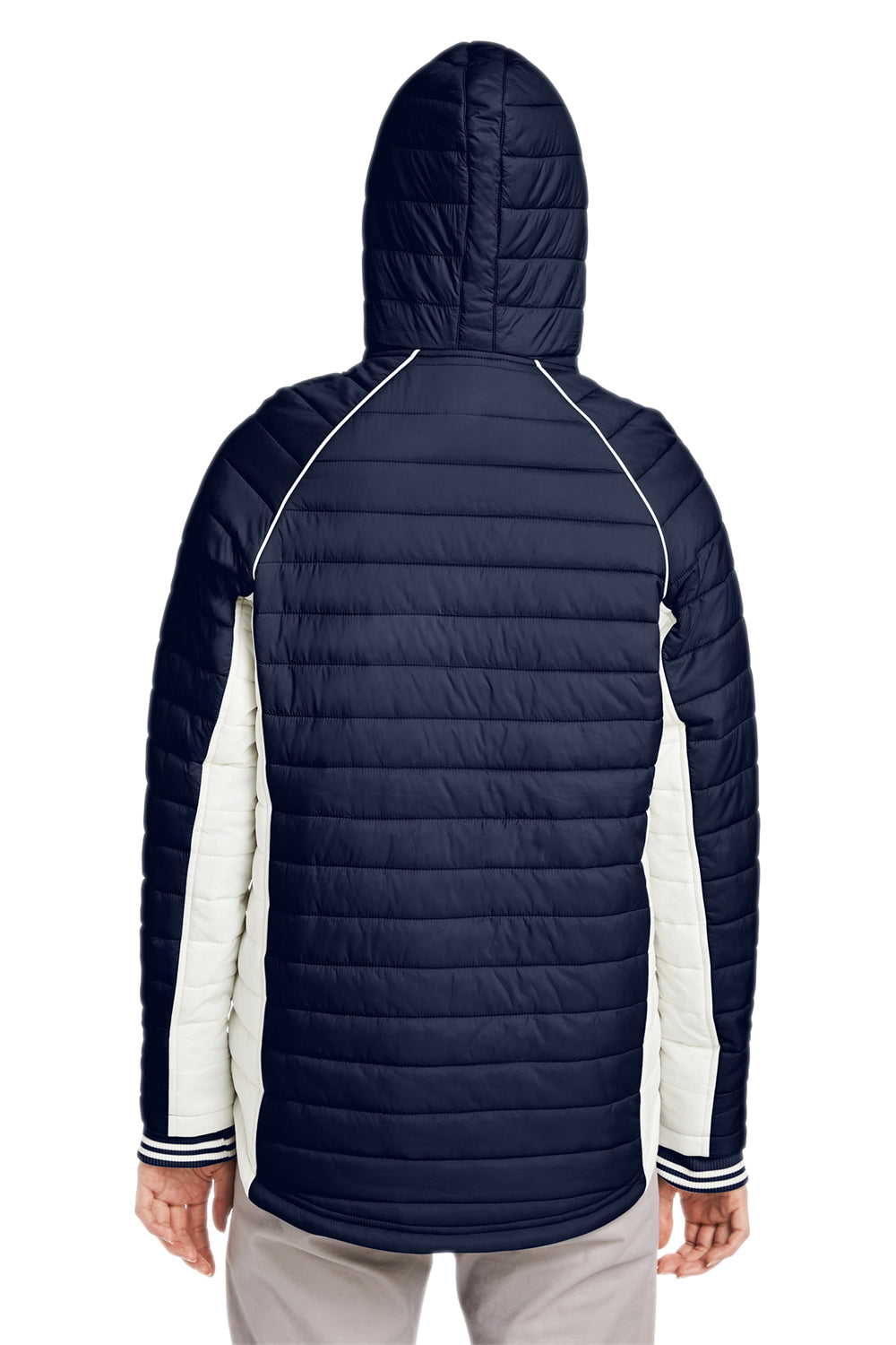 Nautica N17187 Womens Nautical Mile Wind & Water Resistant Packable Full Zip Hooded Puffer Jacket Night Navy Blue/Antique White Model Back