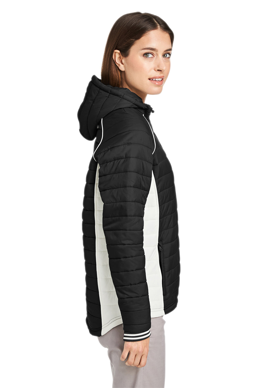 Nautica N17187 Womens Nautical Mile Wind & Water Resistant Packable Full Zip Hooded Puffer Jacket Black/Antique White Model Side