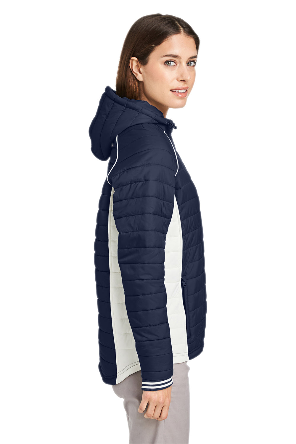 Nautica N17187 Womens Nautical Mile Wind & Water Resistant Packable Full Zip Hooded Puffer Jacket Night Navy Blue/Antique White Model Side