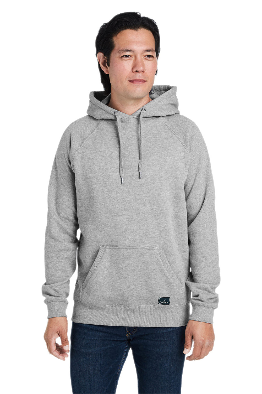 Nautica N17199 Mens Anchor Fleece Hooded Sweatshirt Hoodie w/ Pouch Pocket Heather Oxford Grey Model Front