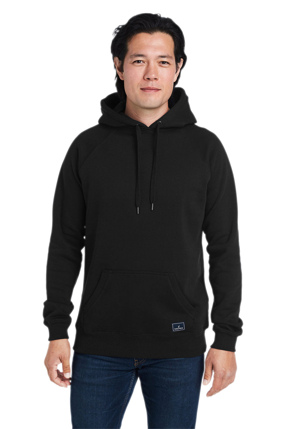 Nautica N17199 Mens Anchor Fleece Hooded Sweatshirt Hoodie w/ Pouch Pocket Black Model Front