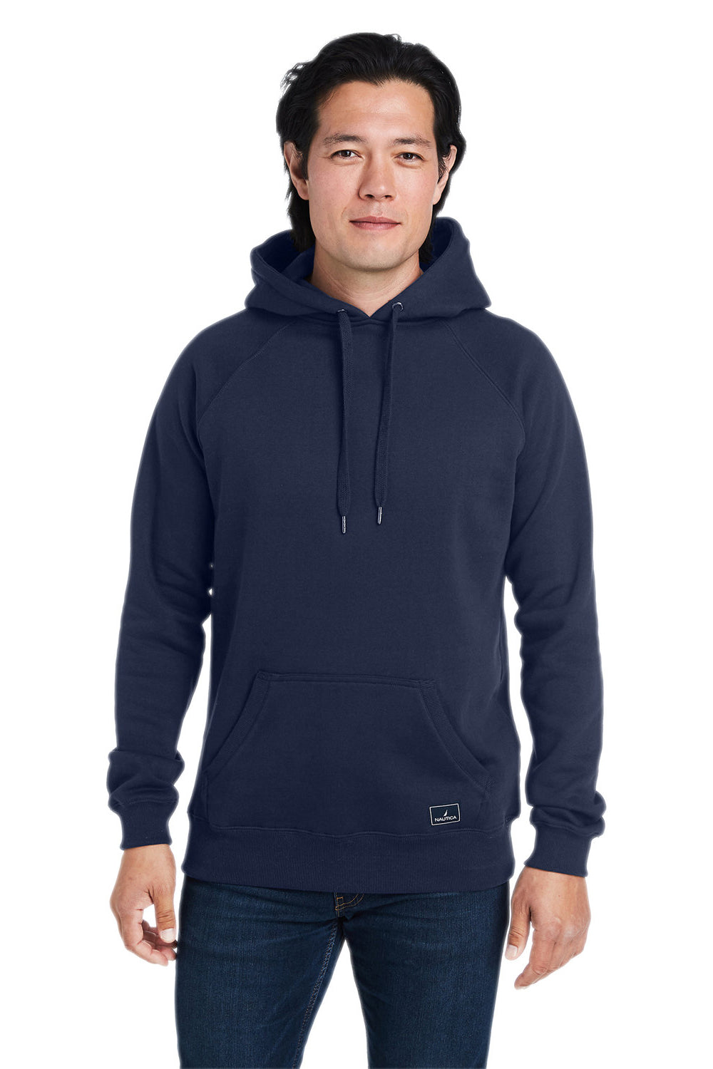 Nautica N17199 Mens Anchor Fleece Hooded Sweatshirt Hoodie w/ Pouch Pocket Navy Blue Model Front