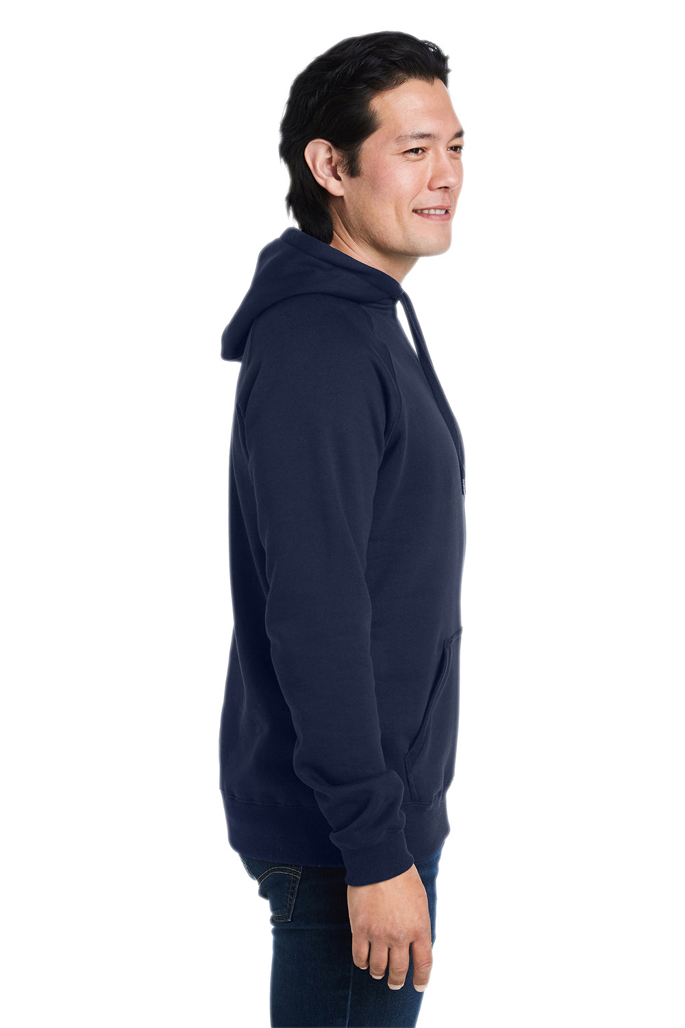Nautica N17199 Mens Anchor Fleece Hooded Sweatshirt Hoodie w/ Pouch Pocket Navy Blue Model Side