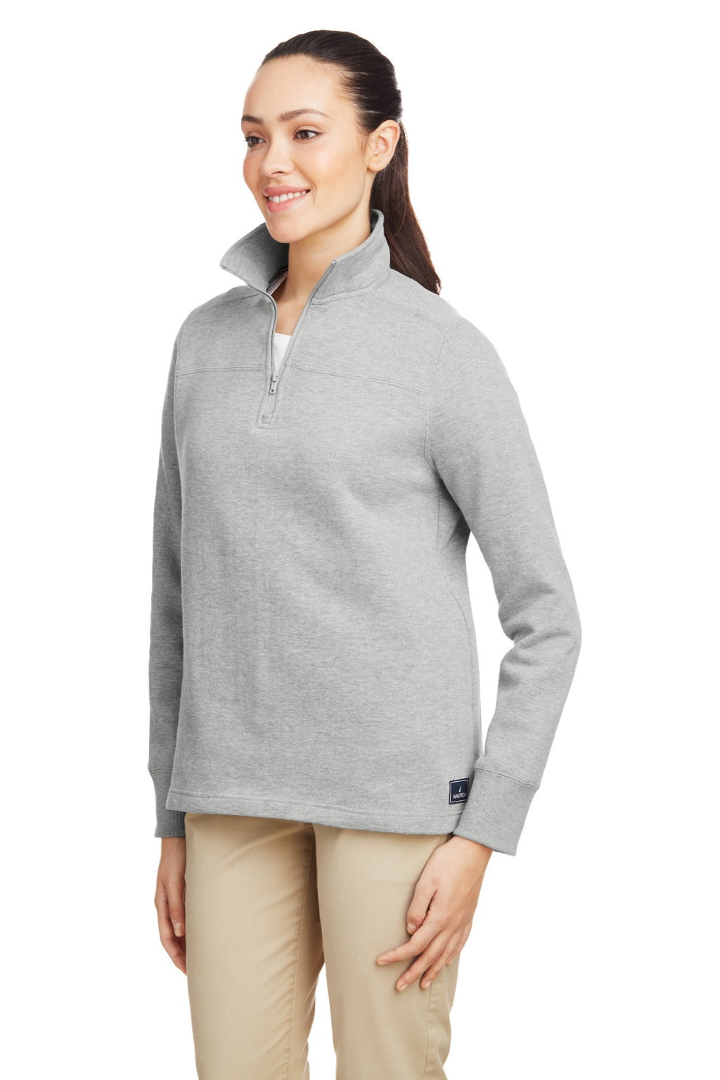 Nautica N17397 Womens Anchor Fleece 1/4 Zip Sweatshirt Heather Oxford Grey Model 3q
