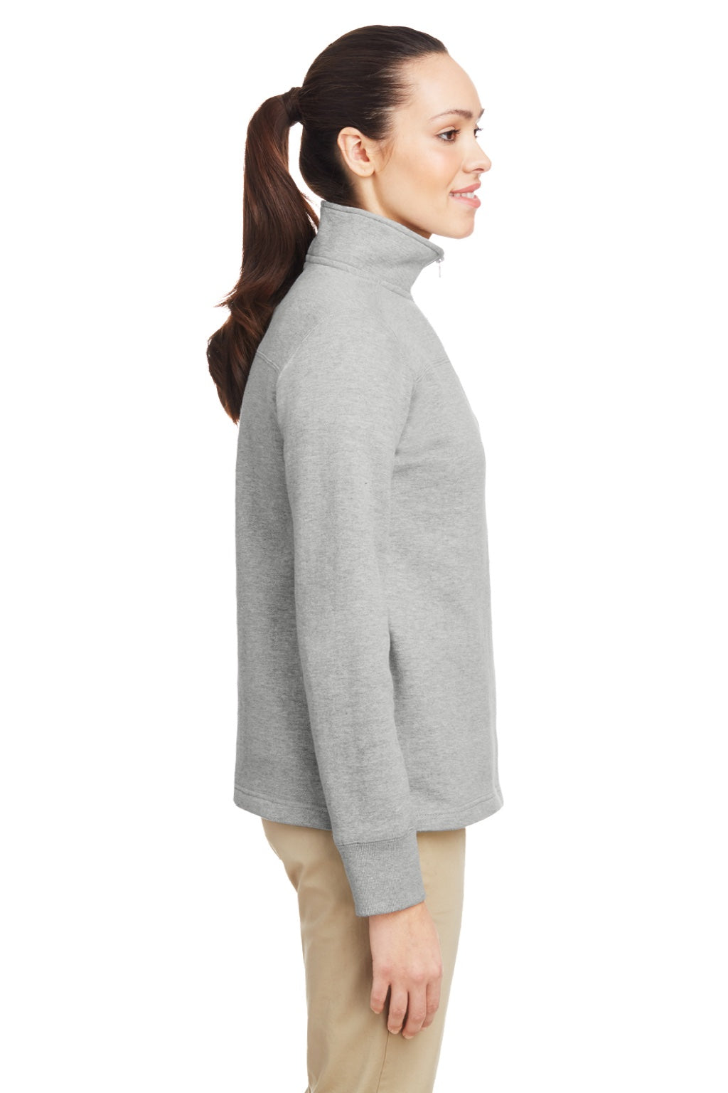 Nautica N17397 Womens Anchor Fleece 1/4 Zip Sweatshirt Heather Oxford Grey Model Side