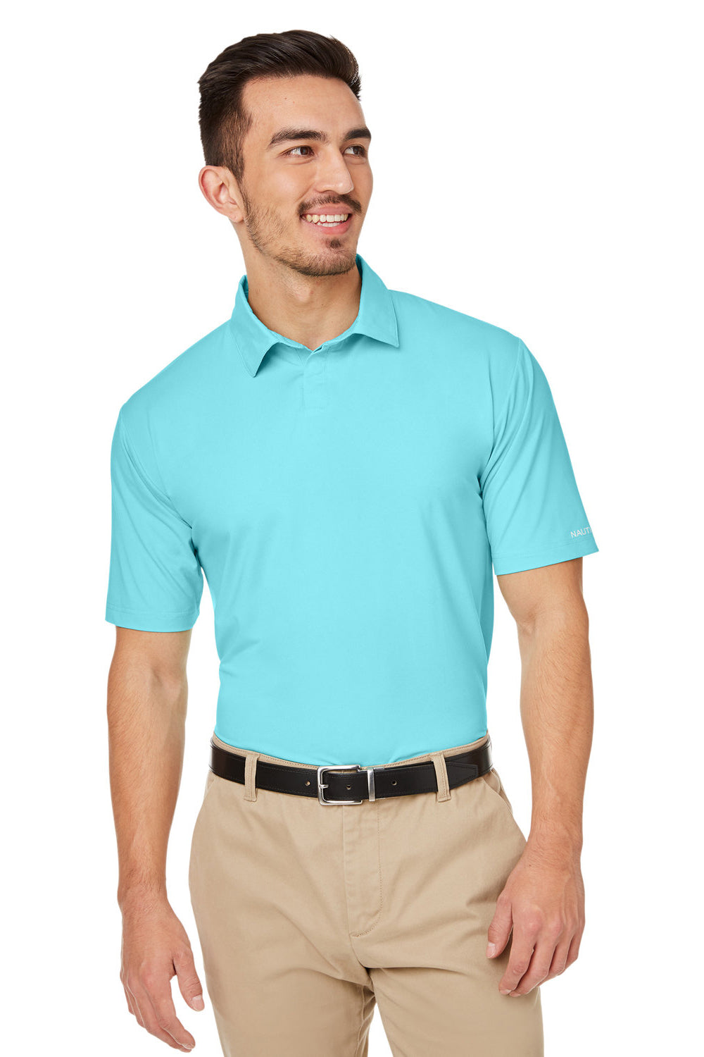 Nautica N17922 Mens Saltwater UPF 40+ Short Sleeve Polo Shirt Sea Mist Blue Model Front