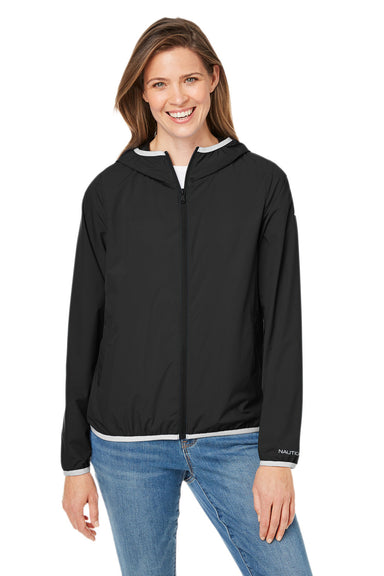 Nautica N17927 Womens Stillwater Water Resistant Full Zip Hooded Windbreaker Jacket Black Model Front