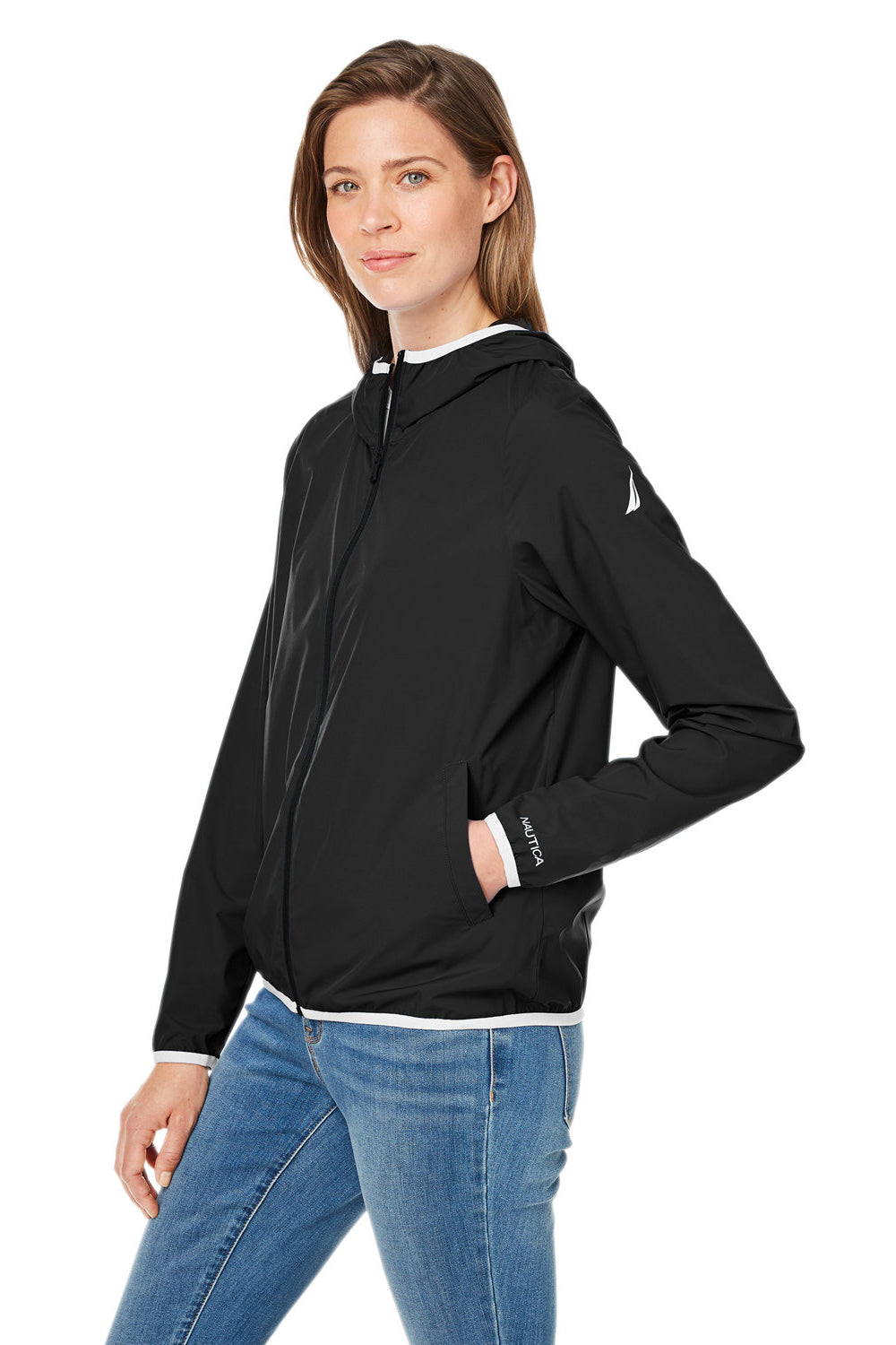 Nautica N17927 Womens Stillwater Water Resistant Full Zip Hooded Windbreaker Jacket Black Model 3q