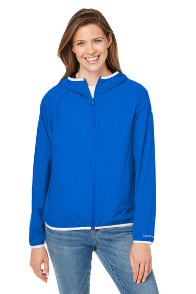 Nautica N17927 Womens Stillwater Water Resistant Full Zip Hooded Windbreaker Jacket Royal Blue Model Front