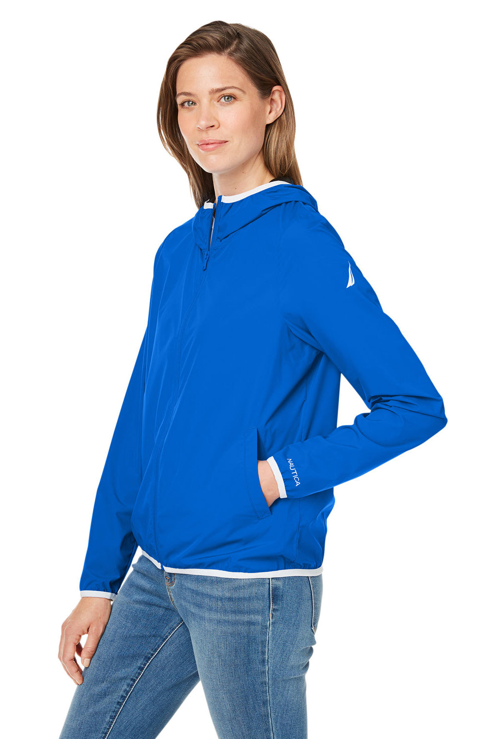 Nautica N17927 Womens Stillwater Water Resistant Full Zip Hooded Windbreaker Jacket Royal Blue Model 3q