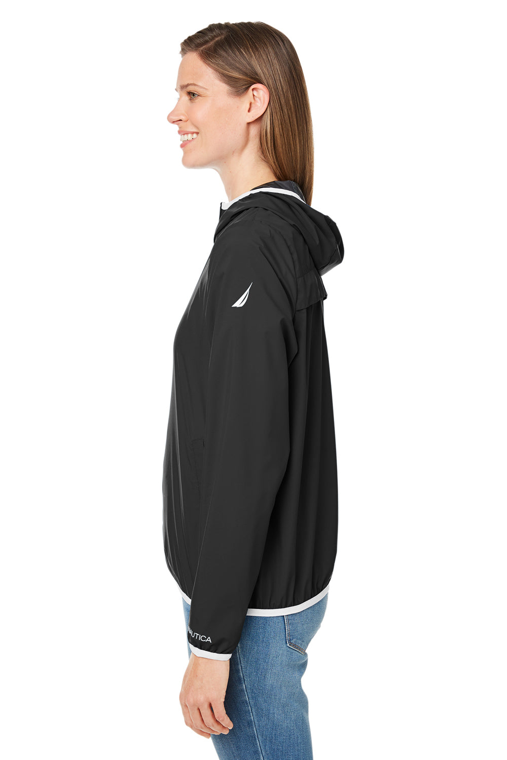Nautica N17927 Womens Stillwater Water Resistant Full Zip Hooded Windbreaker Jacket Black Model Side