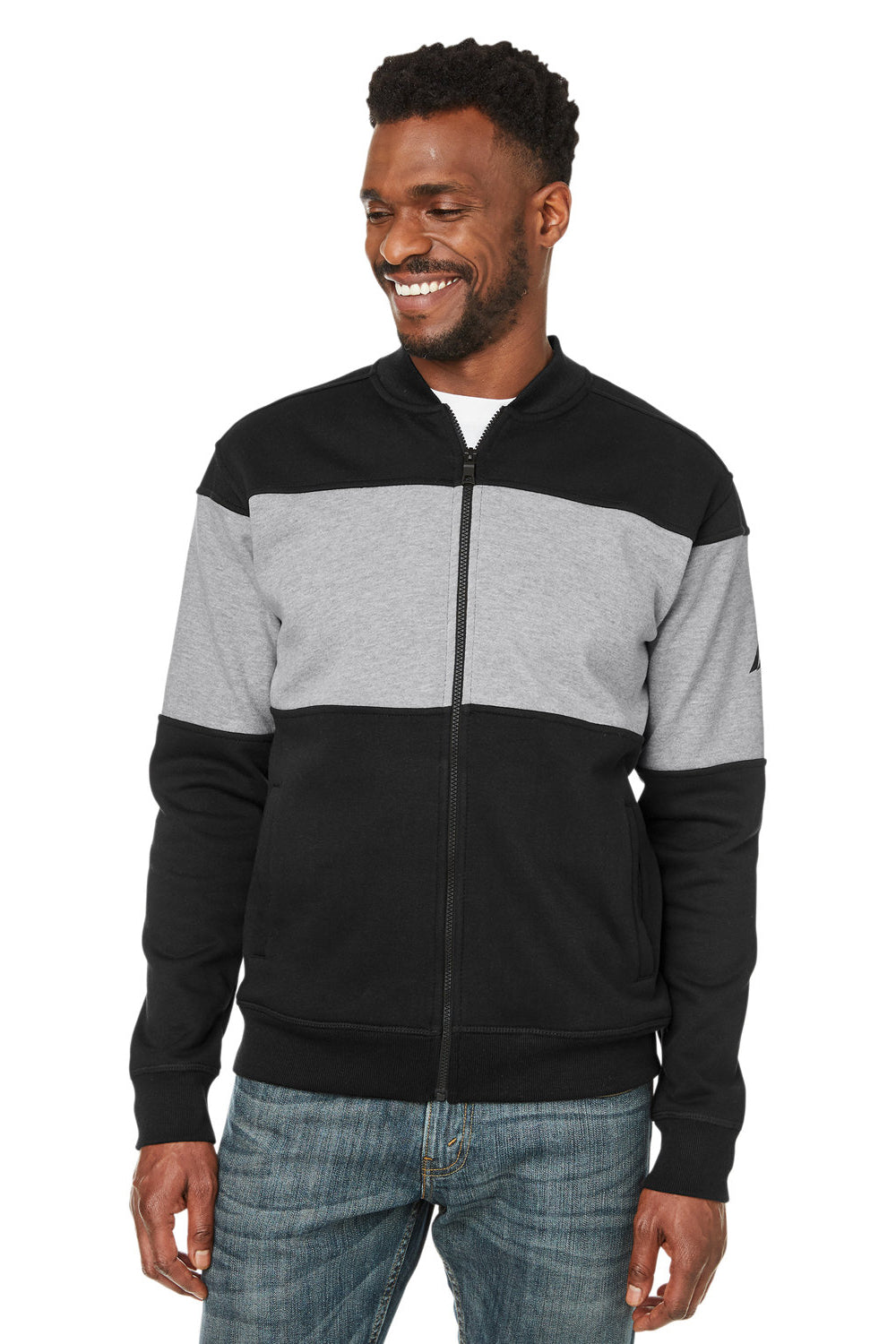Nautica N17928 Mens Anchor Bomber Full Zip Fleece Jacket Black/Heather Oxford Grey Model Front