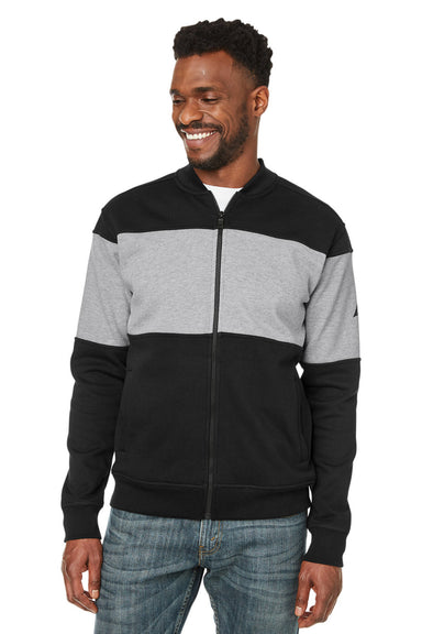Nautica N17928 Mens Anchor Bomber Full Zip Fleece Jacket Black/Heather Oxford Grey Model Front