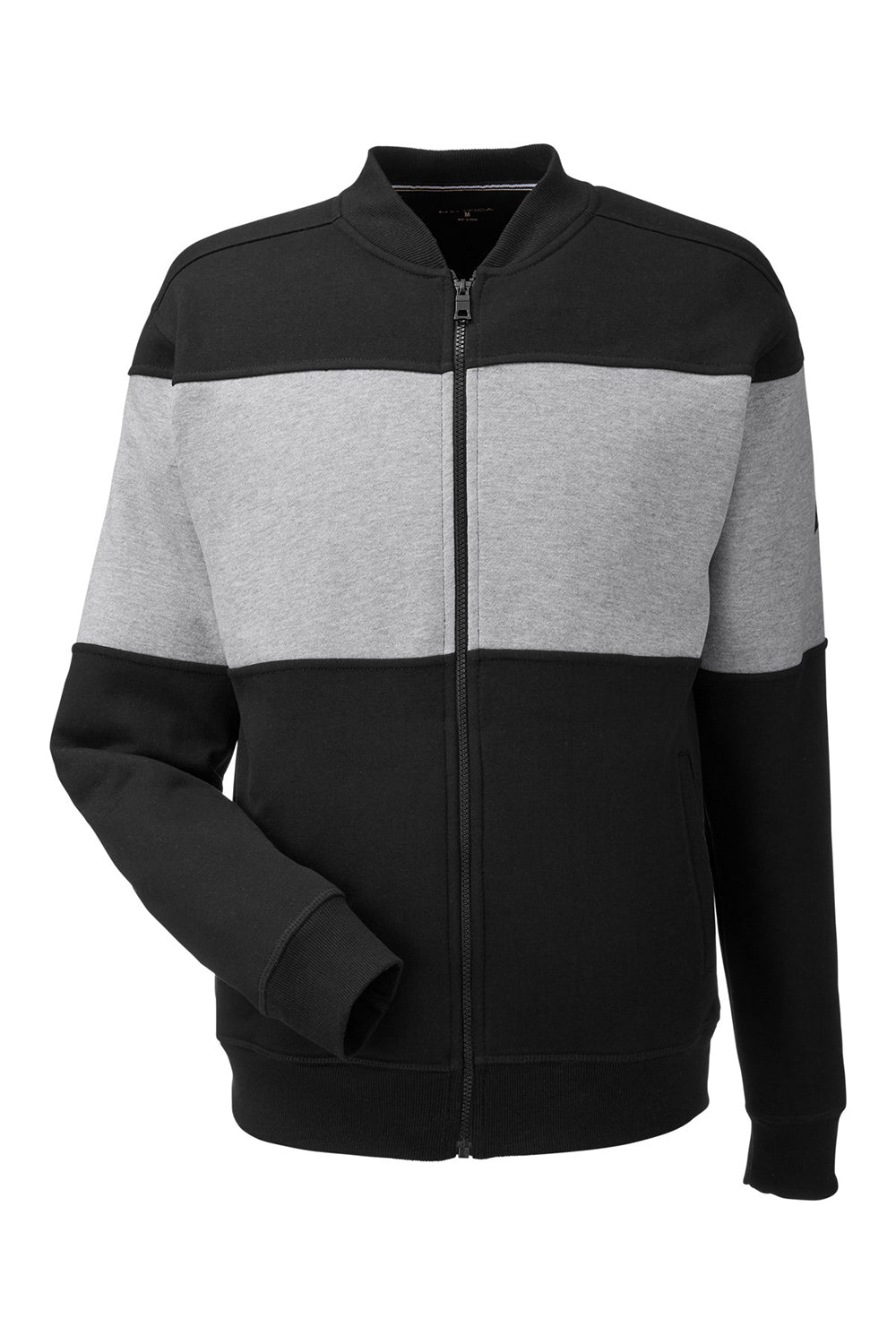 Nautica N17928 Mens Anchor Bomber Full Zip Fleece Jacket Black/Heather Oxford Grey Flat Front
