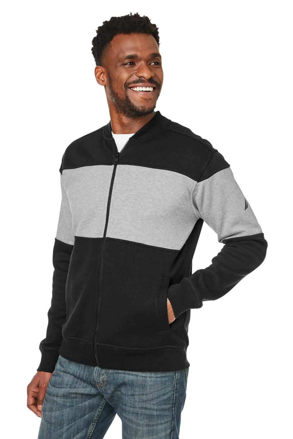 Nautica N17928 Mens Anchor Bomber Full Zip Fleece Jacket Black/Heather Oxford Grey Model 3q