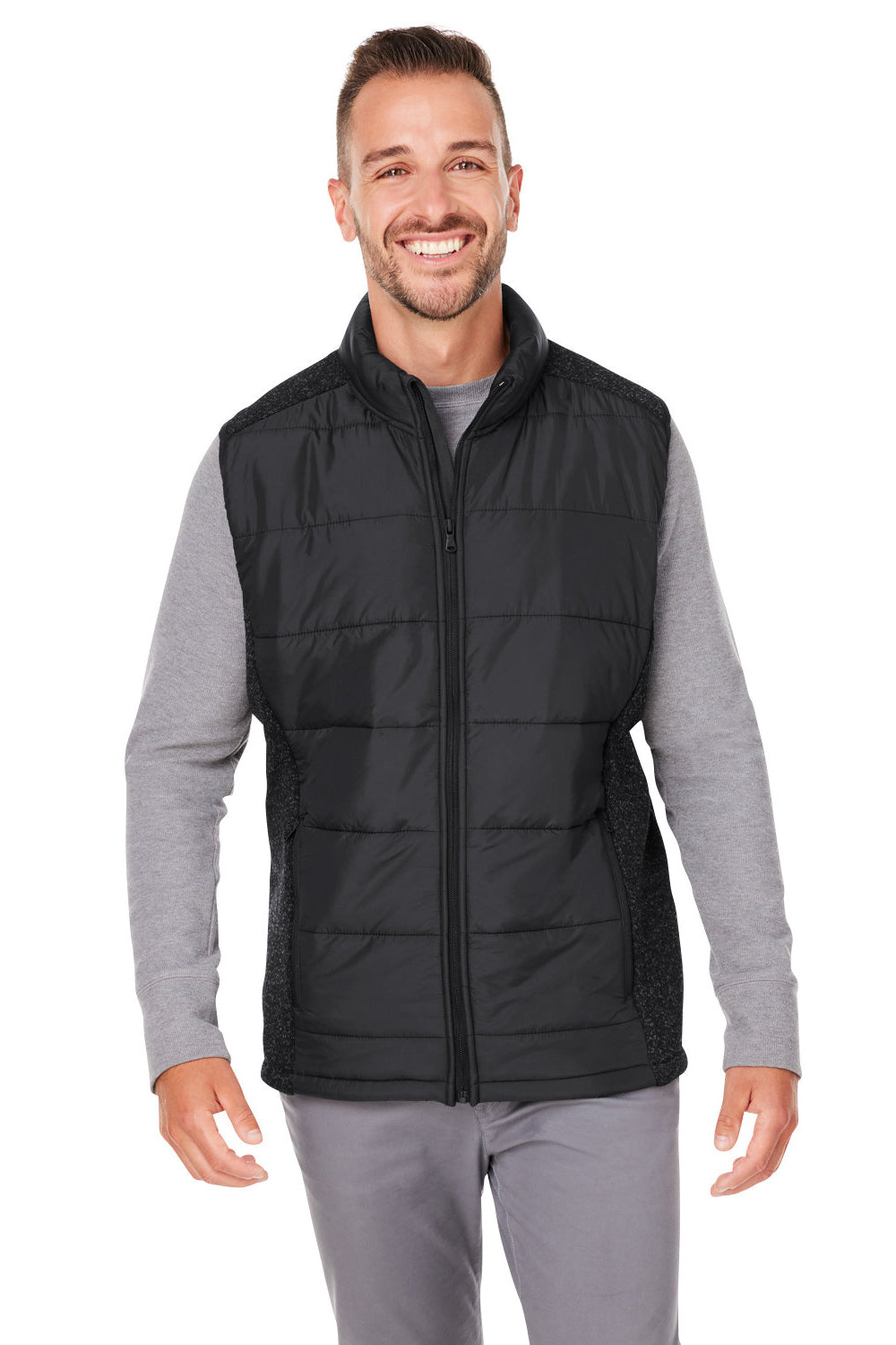 Nautica N17946 Mens Harbor Water Resistant Full Zip Puffer Vest Black/Heather Black Model Front