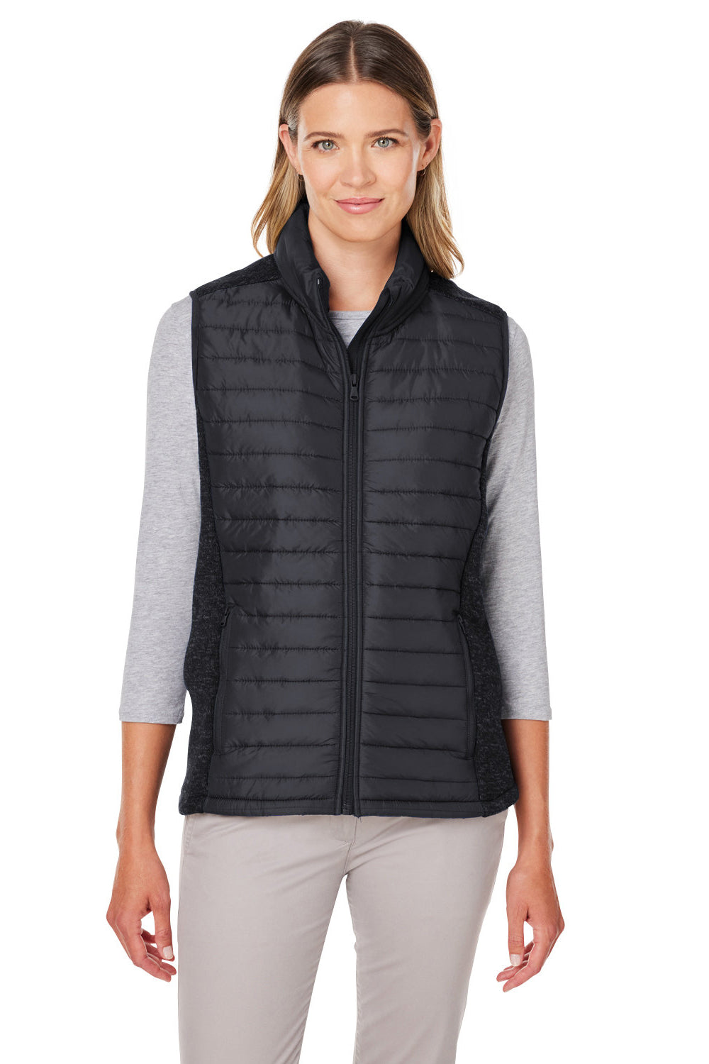 Nautica N17947 Womens Harbor Water Resistant Full Zip Puffer Vest Black/Heather Black Model Front