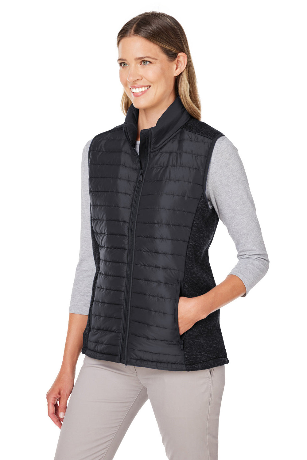 Nautica N17947 Womens Harbor Water Resistant Full Zip Puffer Vest Black/Heather Black Model 3q