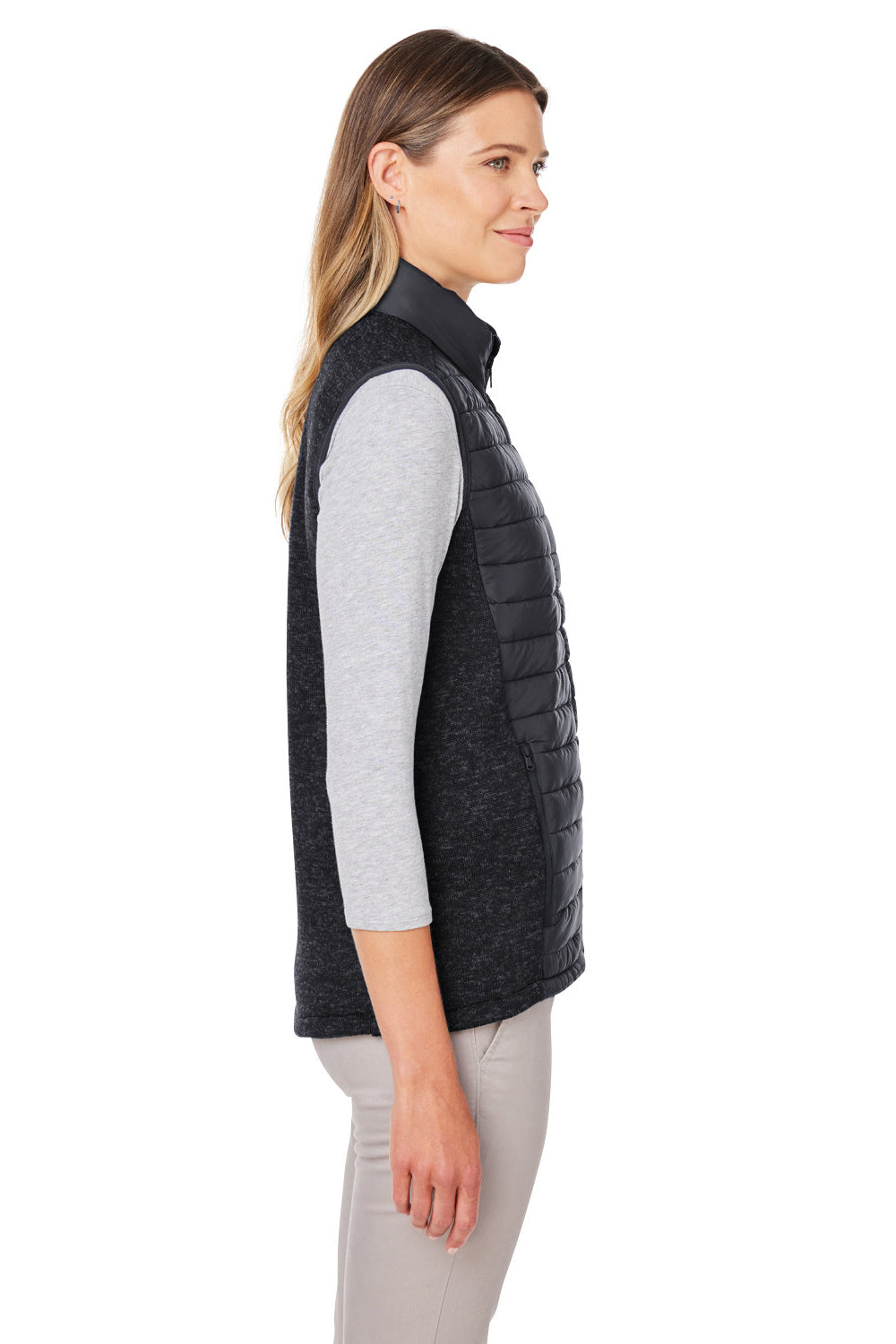 Nautica N17947 Womens Harbor Water Resistant Full Zip Puffer Vest Black/Heather Black Model Side