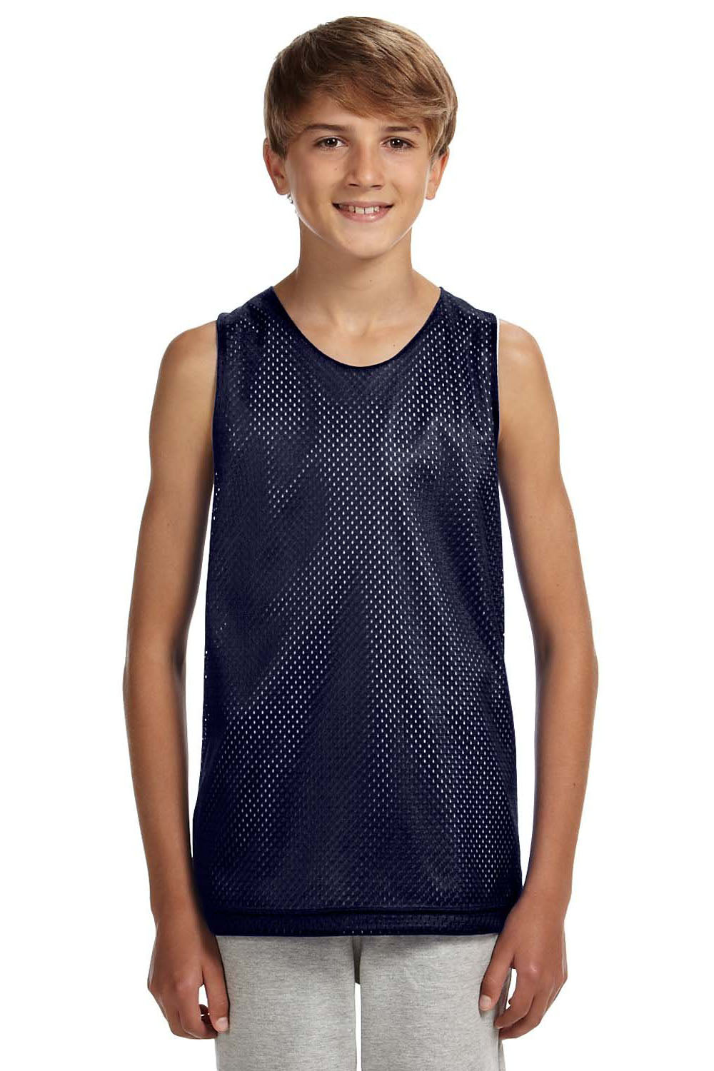 A4 N2206 Youth Reversible Moisture Wicking Mesh Tank Top Navy Blue/White Model Front