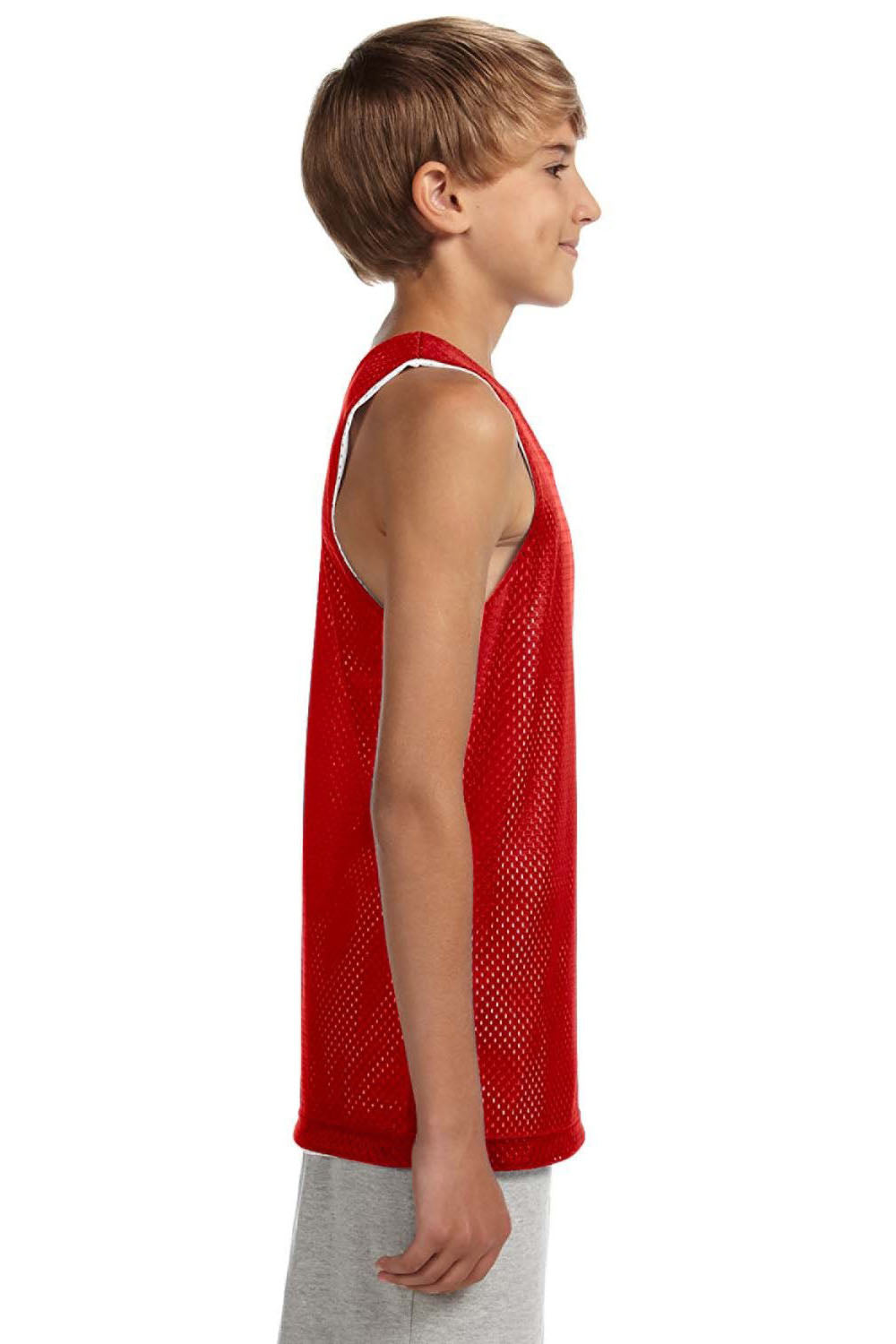 A4 N2206 Youth Reversible Moisture Wicking Mesh Tank Top Scarlet Red/White Model Side