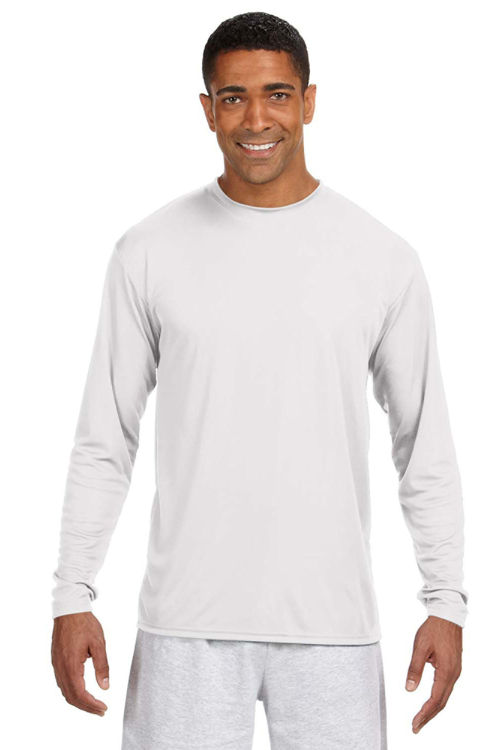 A4 N3165 Mens Performance Moisture Wicking Long Sleeve Crewneck T-Shirt White Model Front
