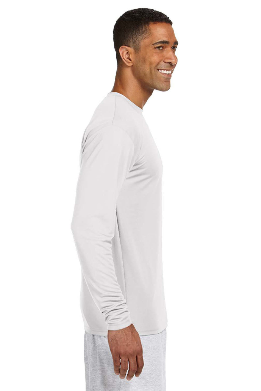A4 N3165 Mens Performance Moisture Wicking Long Sleeve Crewneck T-Shirt White Model Side