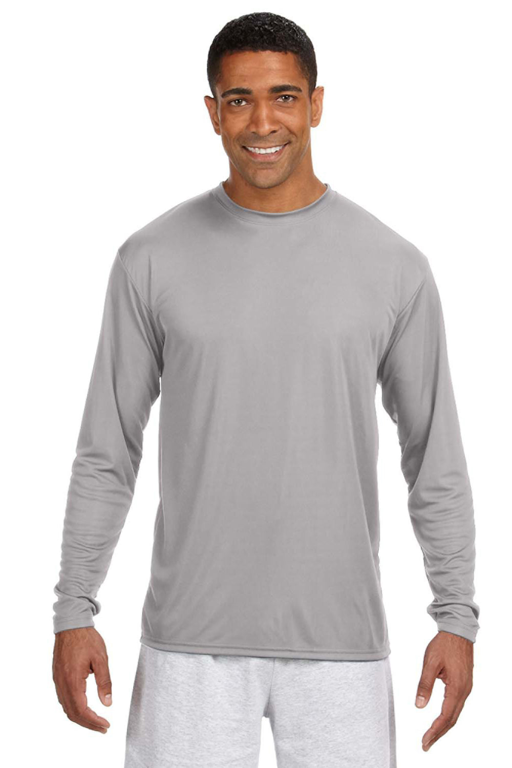 A4 N3165 Mens Performance Moisture Wicking Long Sleeve Crewneck T-Shirt Silver Grey Model Front