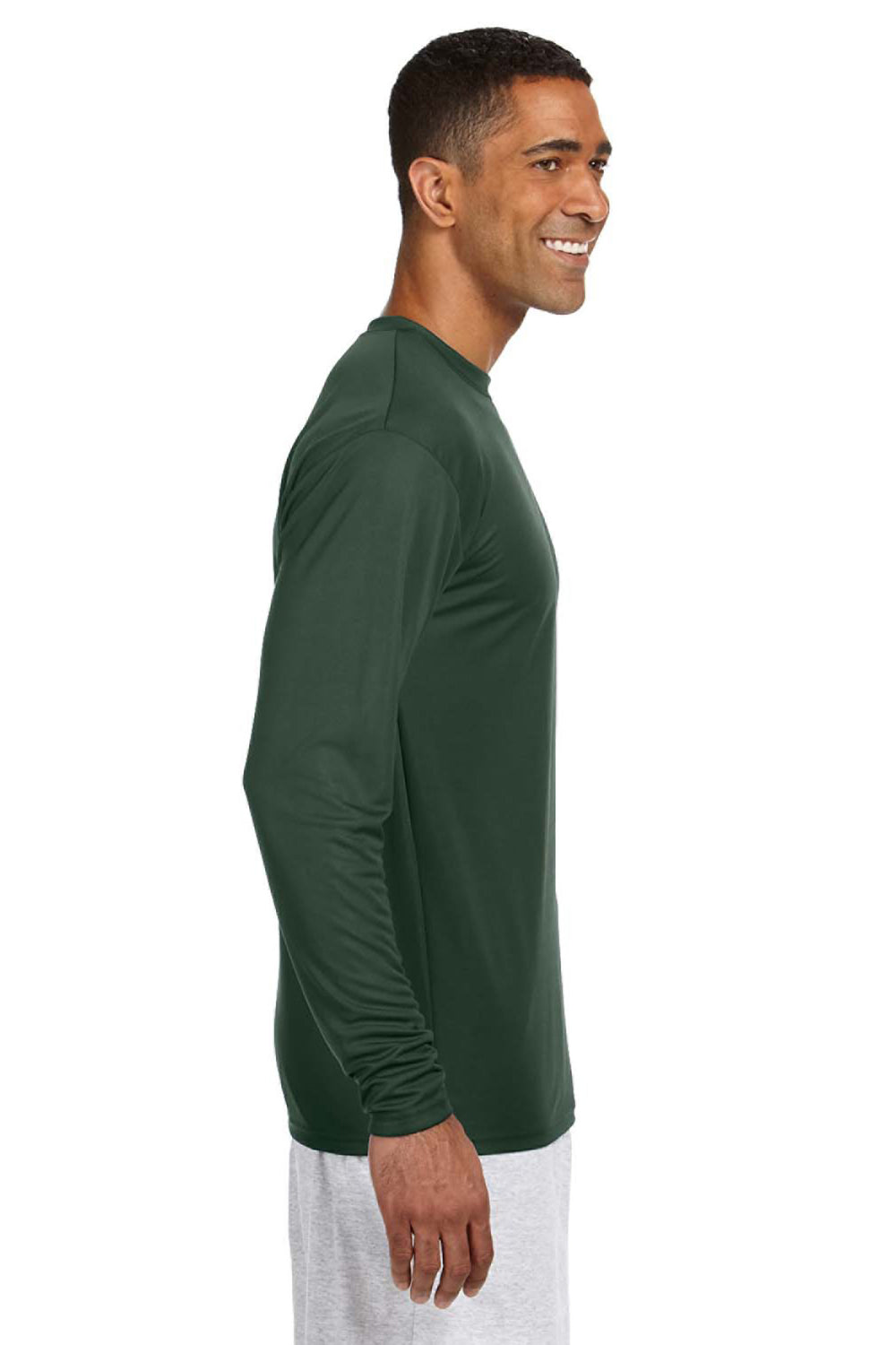A4 N3165 Mens Performance Moisture Wicking Long Sleeve Crewneck T-Shirt Forest Green Model Side