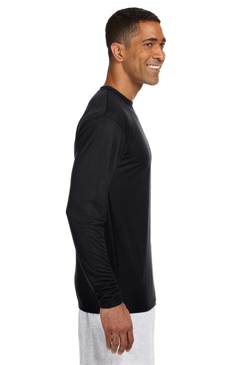 A4 N3165 Mens Performance Moisture Wicking Long Sleeve Crewneck T-Shirt Black Model Side
