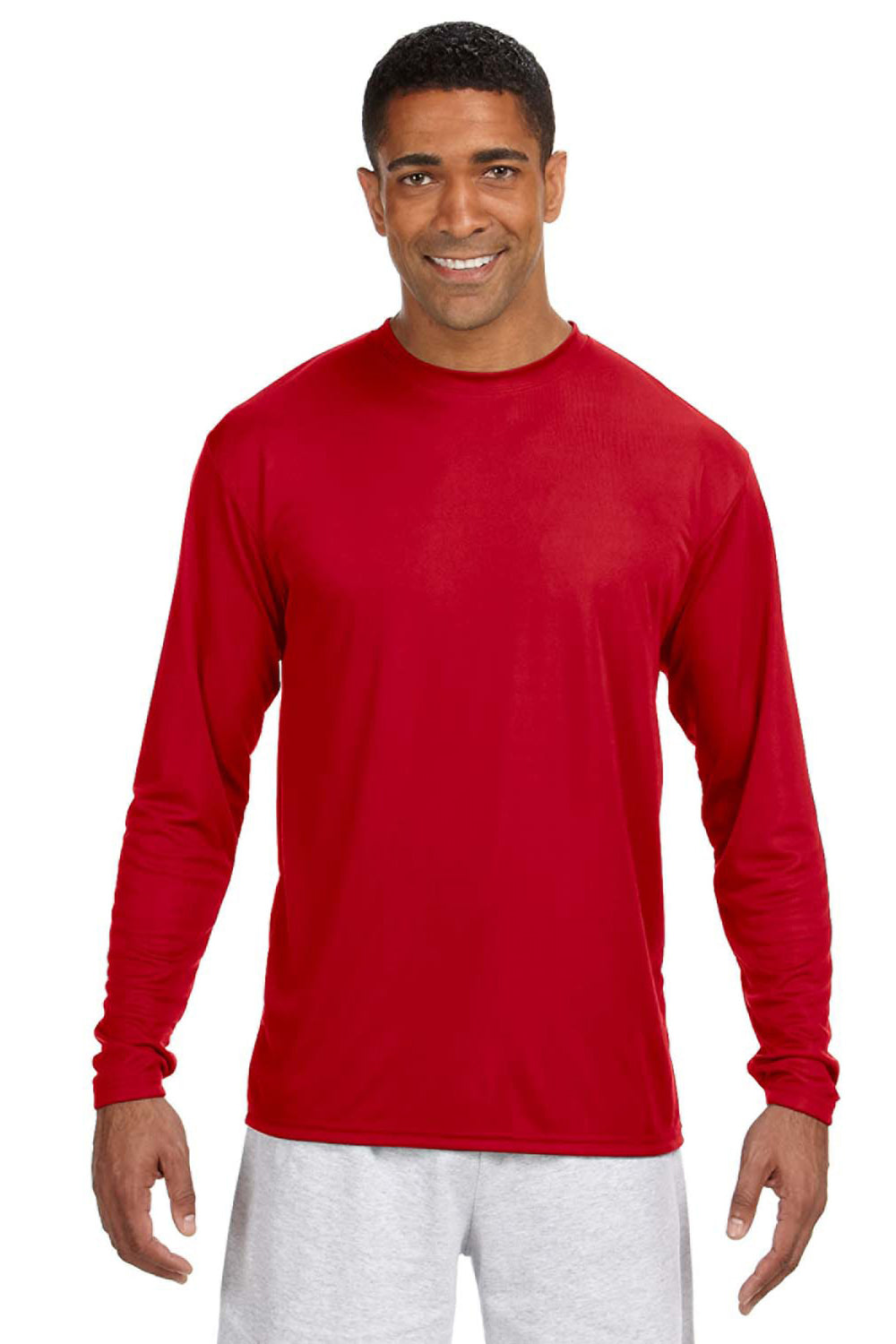 A4 N3165 Mens Performance Moisture Wicking Long Sleeve Crewneck T-Shirt Scarlet Red Model Front