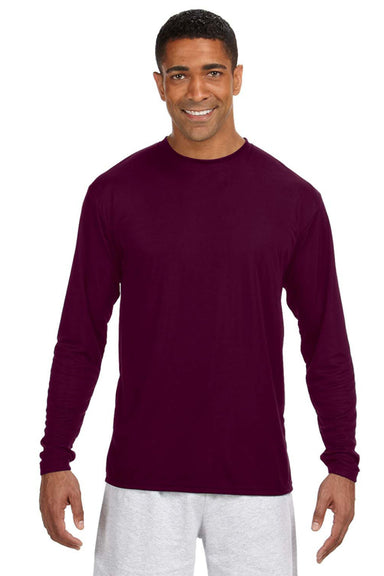 A4 N3165 Mens Performance Moisture Wicking Long Sleeve Crewneck T-Shirt Maroon Model Front