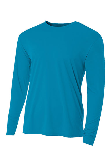 A4 N3165 Mens Performance Moisture Wicking Long Sleeve Crewneck T-Shirt Electric Blue Flat Front