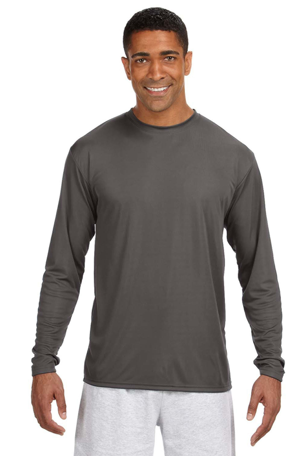 A4 N3165 Mens Performance Moisture Wicking Long Sleeve Crewneck T-Shirt Graphite Grey Model Front