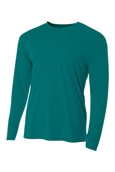 A4 N3165 Mens Performance Moisture Wicking Long Sleeve Crewneck T-Shirt Teal Green Flat Front