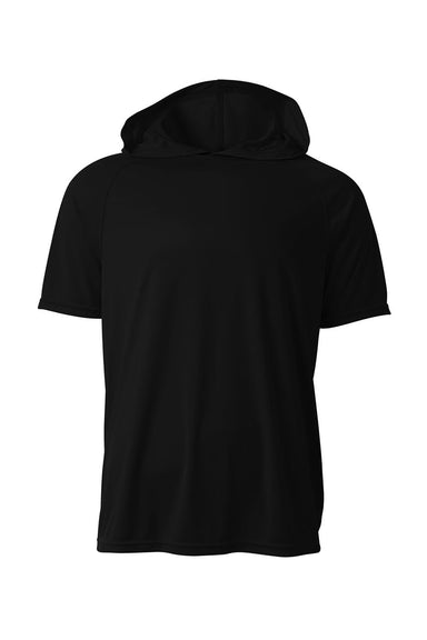 A4 N3408 Mens Performance Moisture Wicking Short Sleeve Hooded T-Shirt Hoodie Black Flat Front