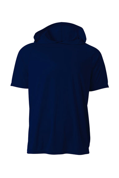 A4 N3408 Mens Performance Moisture Wicking Short Sleeve Hooded T-Shirt Hoodie Navy Blue Flat Front