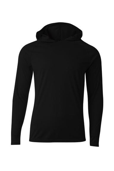 A4 N3409 Mens Performance Moisture Wicking Long Sleeve Hooded T-Shirt Hoodie Black Flat Front