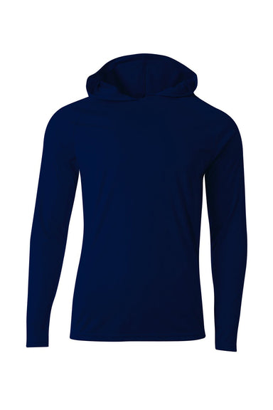 A4 N3409 Mens Performance Moisture Wicking Long Sleeve Hooded T-Shirt Hoodie Navy Blue Flat Front