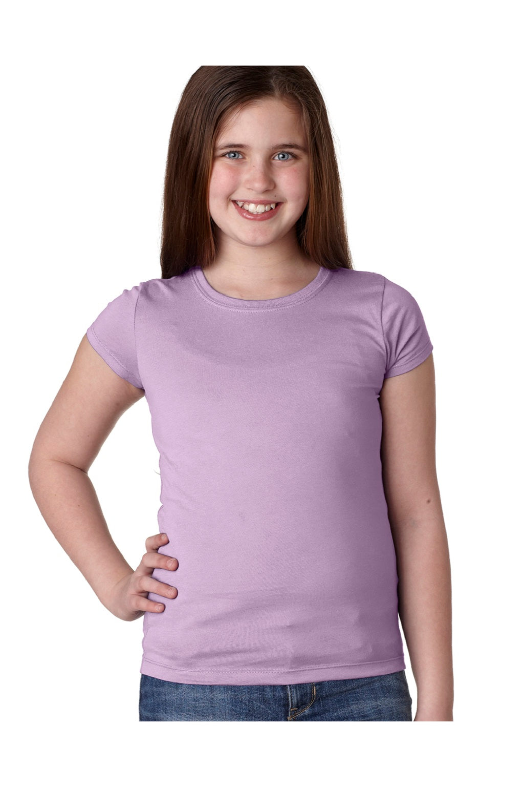 Next Level N3710/3710 Youth Princess Fine Jersey Short Sleeve Crewneck T-Shirt Lilac Puple Model Front