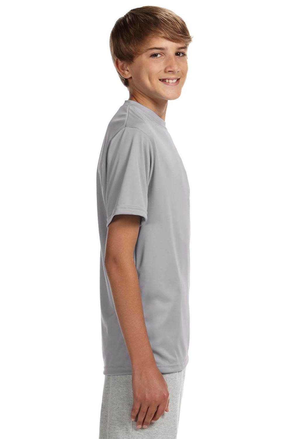 A4 NB3142 Youth Performance Moisture Wicking Short Sleeve Crewneck T-Shirt Silver Grey Model Side