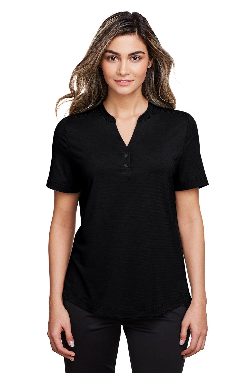 North End NE100W Womens Jaq Performance Moisture Wicking Short Sleeve Polo Shirt Black Model Front
