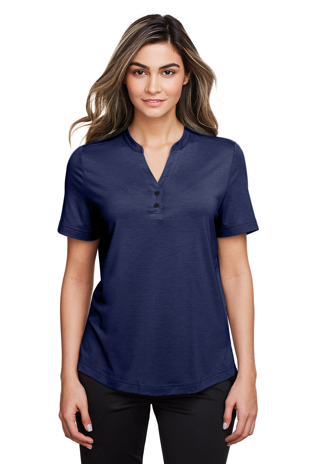 North End NE100W Womens Jaq Performance Moisture Wicking Short Sleeve Polo Shirt Classic Navy Blue Model Front