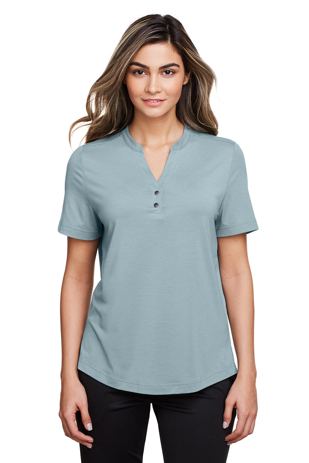 North End NE100W Womens Jaq Performance Moisture Wicking Short Sleeve Polo Shirt Opal Blue Model Front