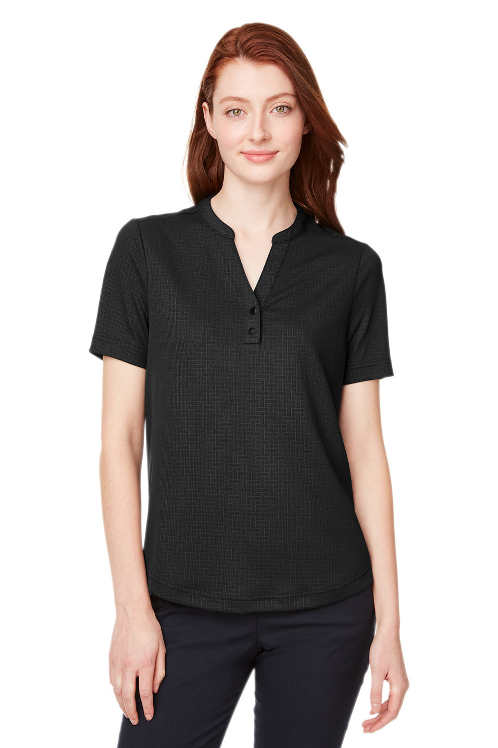 North End NE102W Womens Replay Recycled Moisture Wicking Short Sleeve Polo Shirt Black Model Front