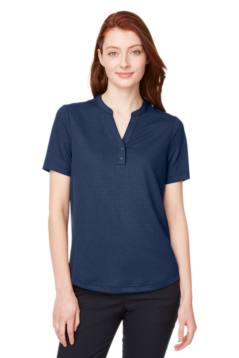 North End NE102W Womens Replay Recycled Moisture Wicking Short Sleeve Polo Shirt Classic Navy Blue Model Front