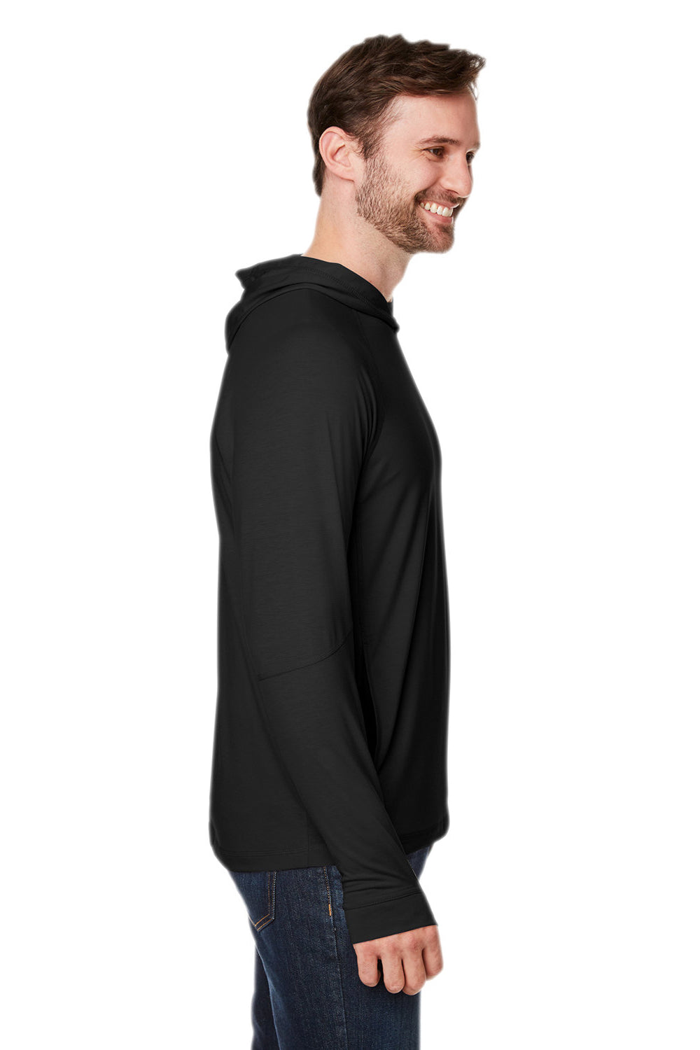 North End NE105 Mens Jaq Stretch Performance Moisture Wicking Long Sleeve Hooded T-Shirt Hoodie Black Model Side