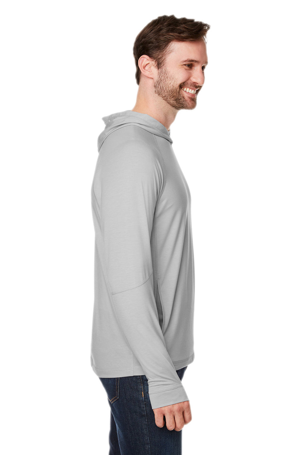 North End NE105 Mens Jaq Stretch Performance Moisture Wicking Long Sleeve Hooded T-Shirt Hoodie Platinum Grey Model Side